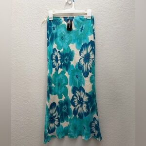 Vintage Silk Express Blue Hibiscus Midi Skirt Deadstock y2k 90s X-Small NWT